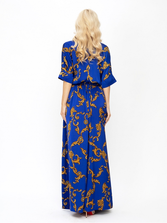 Платье королевско-синего цвета с золотым принтом длинное